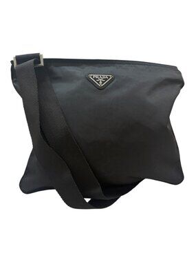 Prada Tessuto Triangle Logo Black Silver Nylon Shoulder Bag